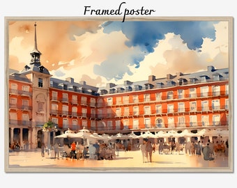 Plaza Mayor Madrid watercolor painting, Spanish cityscape framed canvas, Spain wall decor art, Giclée printed souvenir, Framed poster