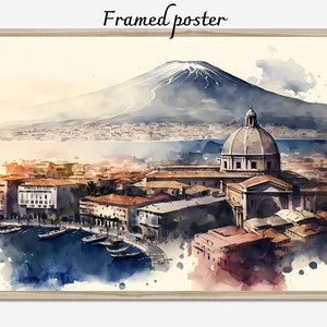 Naples skyline watercolor painting, Vesuvius framed canvas, Italian souvenir wall decor art, Giclée printed souvenir, Volcano Framed poster