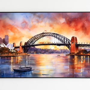 Sydney Harbour Bridge watercolor painting, Australian wall art, Sydney souvenir, Printable art, Australia art instant download