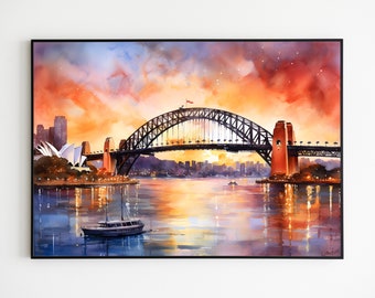 Malarstwo akwarelowe Sydney Harbour Bridge, australijska sztuka ścienna, pamiątka z Sydney, sztuka do druku, sztuka australijska do pobrania natychmiast