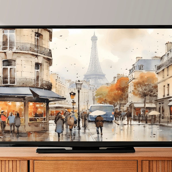 8K Paris Samsung Frame TV Art, Watercolor Art For Frame Tv, LG tv, Watercolor Paris cityscape painting, Instant Digital download