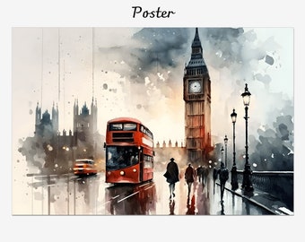 London bridge watercolor painting, Westminster city landscape framed canvas, Big Ben wall decor art, Giclée printed souvenir, Framed poster