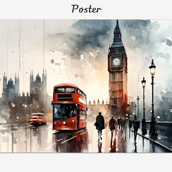 Aquarelle sur le pont de Londres, toile encadrée paysage de la ville de Westminster, décoration murale Big Ben, souvenir imprimé giclée, affiche encadrée