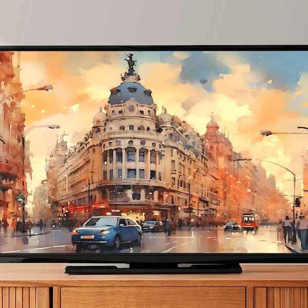 8K Madrid Gran Via Samsung Frame TV Art, Watercolor Spain capital Art For Frame Tv, Madrid souvenir LG tv painting, Instant digital download