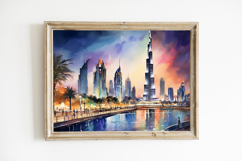 Dubai Burj Khalifa Watercolor Painting, UAE Cityscape Wall Art, Dubai Souvenir, Printable Art