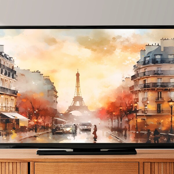 8K Paris Samsung Frame TV Art, Watercolor Art For Frame Tv, LG tv, Romantic Paris cityscape painting, Instant Digital download