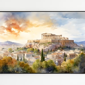 May include: A watercolor painting of the Acropolis in Athens, Greece. The ancient Greek temple is perched atop a rocky hill, with a cityscape spread out below. The sky is a vibrant orange and yellow, with fluffy white clouds.