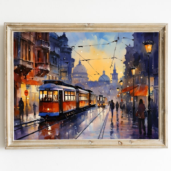 Istanbul streets at sunset watercolor painting, Turkey cityscape wall art, Istanbul souvenir, Printable art, Turkish instant download