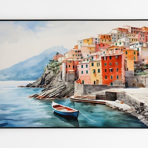 Cinque terre acquerello dipinto, cinque città paesaggio urbano stampabile decorazione murale arte, Riomaggiore Liguria stampa digitale, Italia download immediato