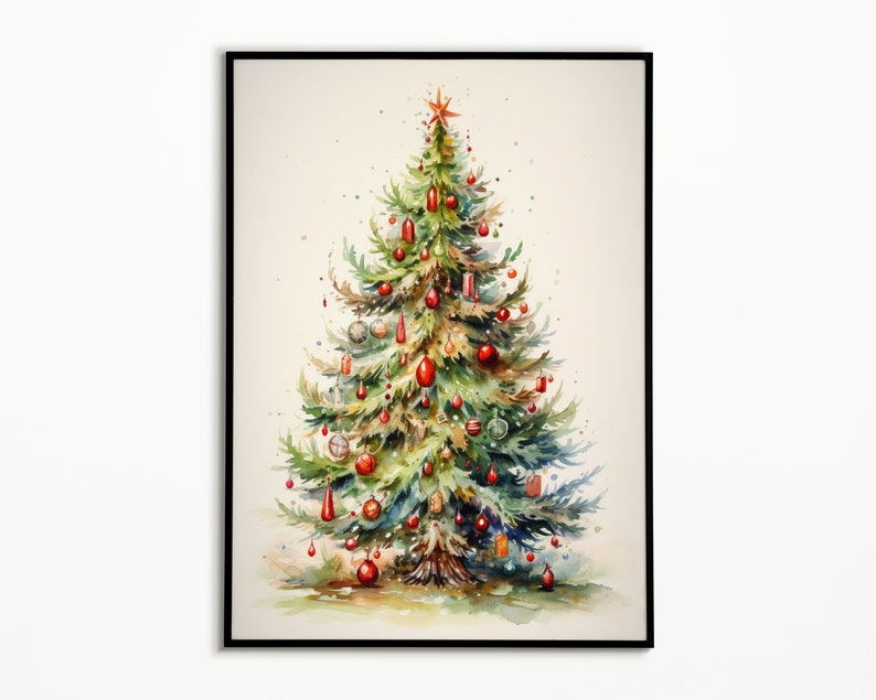 Watercolor Christmas Tree Painting, Christmas Gifts, Digital Wall Decor
