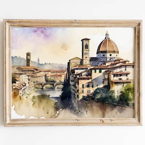 Florence Arno river watercolor painting, Tuscan city landscape skyline, Florence souvenir wall art, Printable wall art, Instant Download