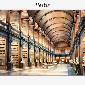 May include: A long, arched hallway with bookshelves lining the walls. The shelves are filled with books, and the hallway is lit by natural light. The ceiling is high and vaulted, and the walls are painted a warm brown colour. There are statues of people on the shelves.
