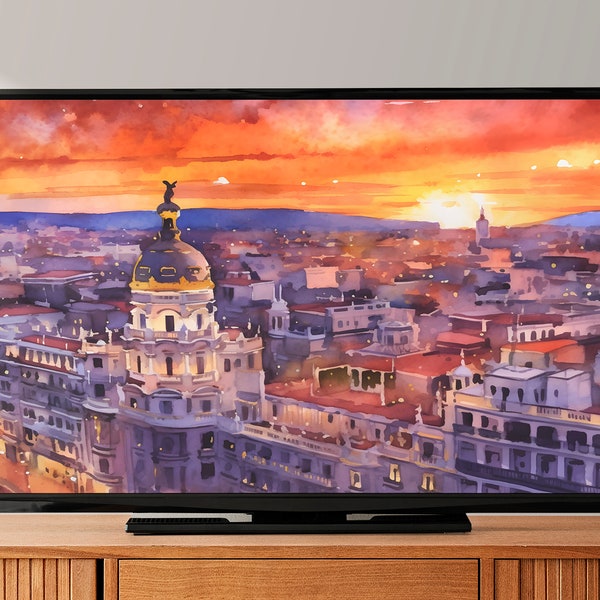 8K Madrid sunset Samsung Frame TV Art, Watercolor Spanish capital Art For Frame Tv, Spain souvenir LG tv painting, Instant digital download