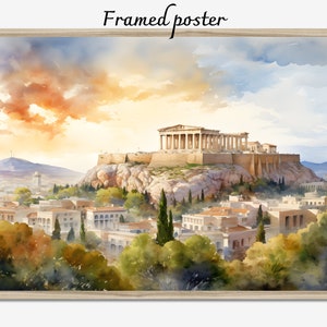 Aquarell Athen Akropolis Malerei, Stadtansicht griechisch gerahmte Leinwand, Griechenland Souvenir Wanddekorkunst, Giclée gedrucktes gerahmtes Plakat