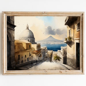 Watercolor Naples street view painting, Realistic cityscape wall decor art, Souvenir printable art, Vesuvius volcano, Instant download