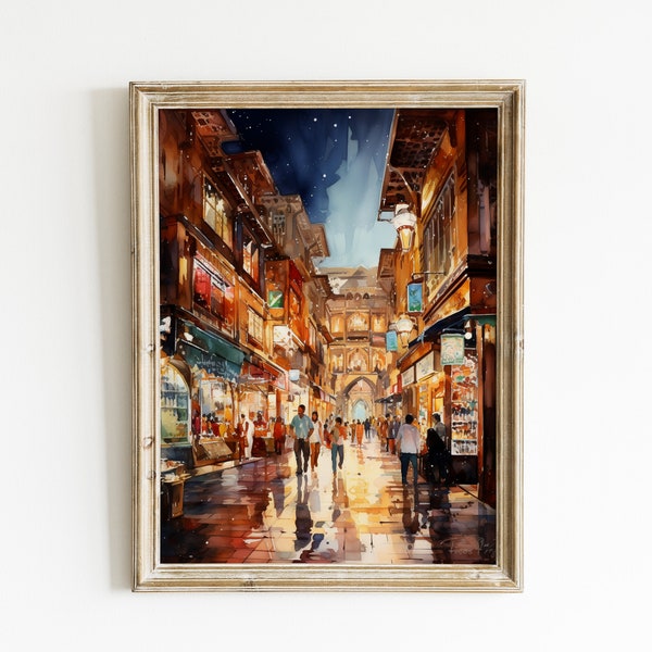 Peinture à l'aquarelle de Dubaï du marché du souk, art mural de paysage urbain des Émirats arabes unis, souvenir de Dubaï, art imprimable, téléchargement numérique instantané de paysage de Dubaï