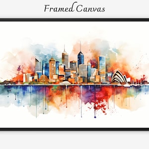 Pintura de acuarela del horizonte de Sydney, lienzo enmarcado del paisaje urbano de Australia, arte de decoración de pared de Sydney, recuerdo impreso en Giclée, póster enmarcado