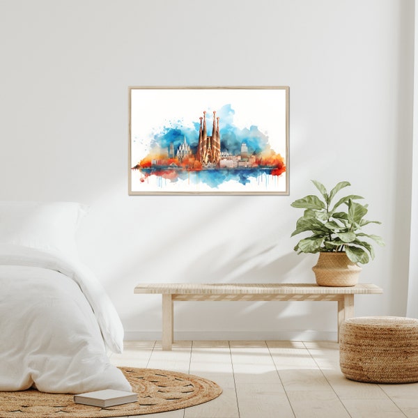 Barcelona skyline watercolor painting, Spanish cityscape framed canvas, Sagrada Familia souvenir wall decor art, Giclée printed souvenir