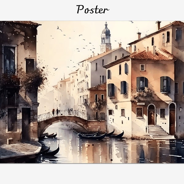 Aquarelle de Venise, toile encadrée de paysage urbain, art de décoration murale de canaux et de gondole, souvenir imprimé par giclée, affiche encadrée