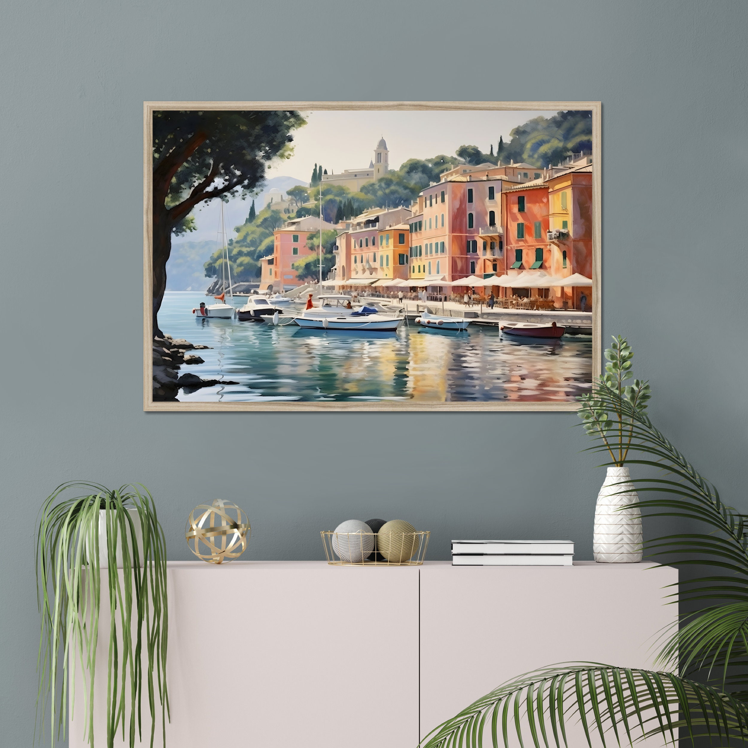 ポルトフィーノの水彩画、イタリアのリグーリアの街並みを描いた額入り