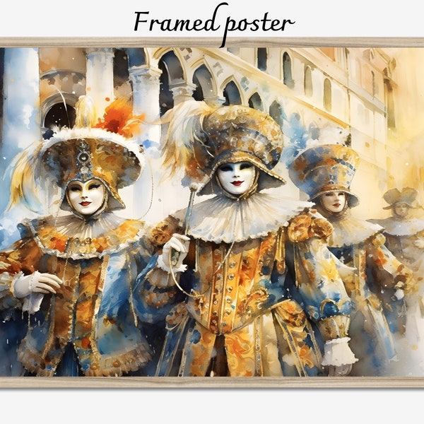 Venice carnival watercolor painting, Venitian masks framed canvas, Souvenir wall decor art, Giclée printed souvenir, Framed poster