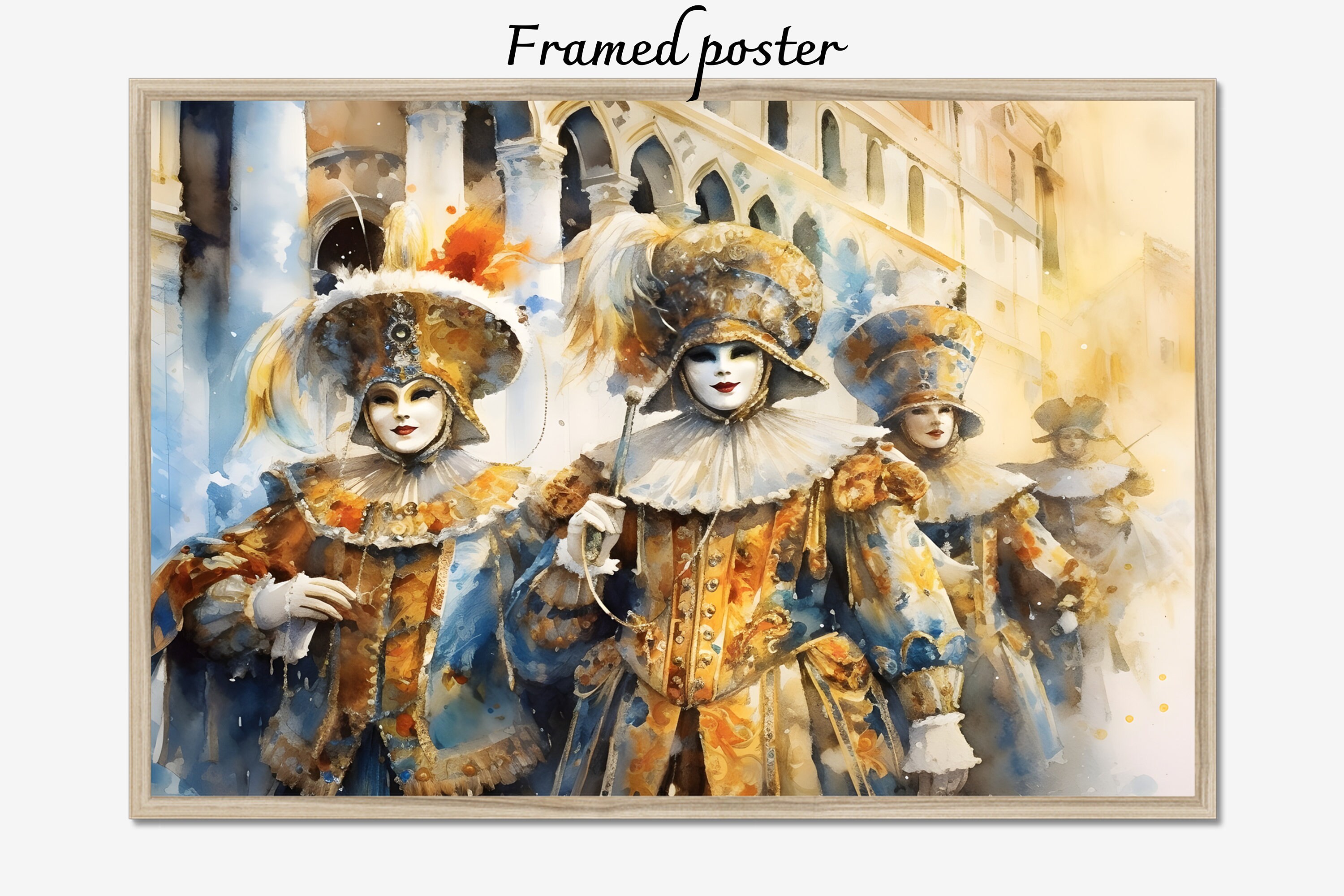 Venice carnival watercolor painting, Venitian masks framed canvas, Souvenir wall decor art, Giclée printed souvenir, Framed poster