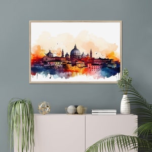 Rome skyline watercolor painting, Roman landscape framed canvas, Italian wall decor art, Giclée printed souvenir, Framed poster