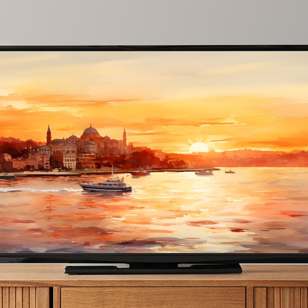 8K Istanbul bay Samsung Frame TV Art, Watercolor Art For Frame Tv, LG tv, Sunset sea painting, Turkey souvenir instant digital download