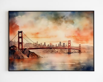 Malarstwo akwarelowe Golden Gate, dekoracja ścienna mostu w San Francisco, wydruk artystyczny do wydrukowania, widok San Francisco, natychmiastowe pobranie cyfrowe