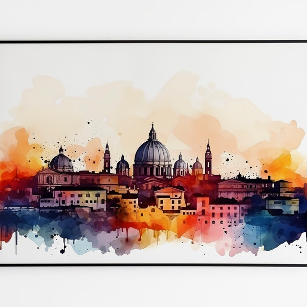 Rome skyline aquarel schilderen, Rome kunst aan de muur afdrukken, Italiaanse wand decor kunst, afdrukbare kunst van Italië, Instant digitale download