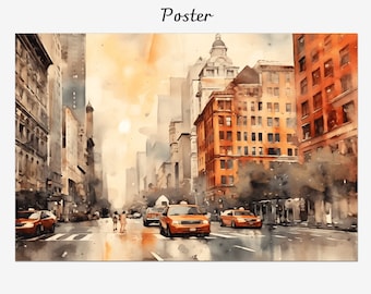 NYC Yellow Taxi Watercolor: New York Cityscape Giclée Print