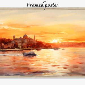 Watercolor Istanbul bay sea painting, Turkey cityscape framed canvas, Istanbul souvenir wall decor art, Turkish giclée printed framed poster