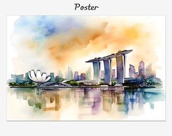 Singapore Marina Bay painting, city landscape framed canvas, Singapore wall decor art, Giclée printed souvenir, Framed poster