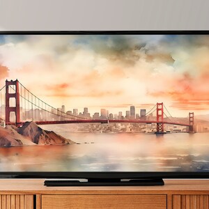 8K Golden Gate Samsung Frame TV Art, Watercolor Art For Frame Tv, LG tv, Watercolor San Francisco skyline painting, Instant Digital download