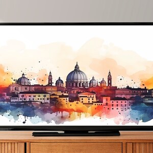 8K Rome Samsung Frame TV Art, Watercolor Art For Frame Tv, LG tv, Watercolor Rome skyline painting, Instant Digital download