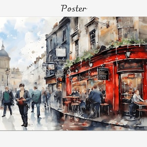 London cityscape watercolor painting, Urban London streets framed canvas, English pub souvenir wall decor art, Giclée framed poster
