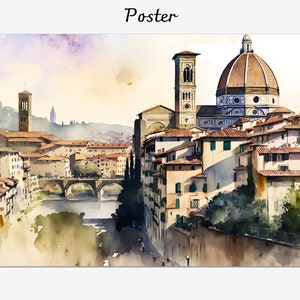 Aquarel Florence Arno, ingelijst canvas stadslandschap, Toscaanse muurdecoratiekunst, Giclée-gedrukt souvenir, Ingelijste poster