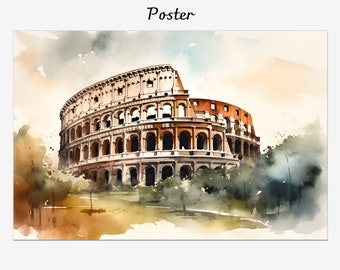 Roman Colosseum watercolor painting, Rome landscape framed canvas, Italian wall decor art, Giclée printed souvenir, Framed poster