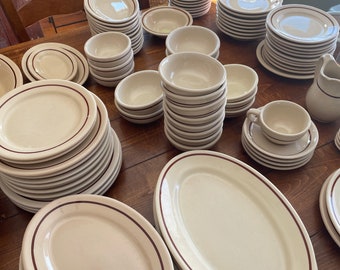 Vintage restraunt ware china in brown rim pattern- mix of Buffalo, Carr, Jackson, Wellsville and Sterling china pieces