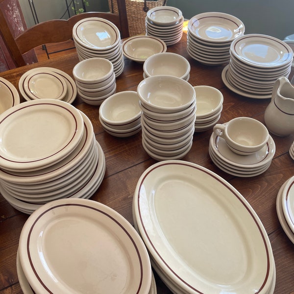 Vintage restraunt ware china in brown rim pattern- mix of Buffalo, Carr, Jackson, Wellsville and Sterling china pieces