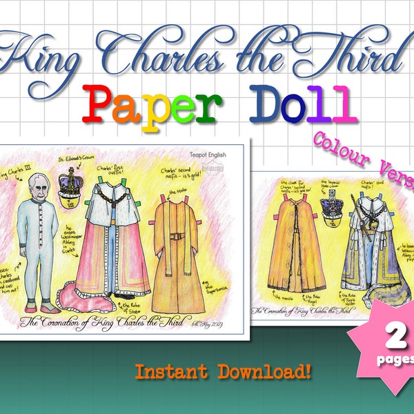 King Charles the Third Coronation Paper Doll COLOUR VERSION Instant Download
