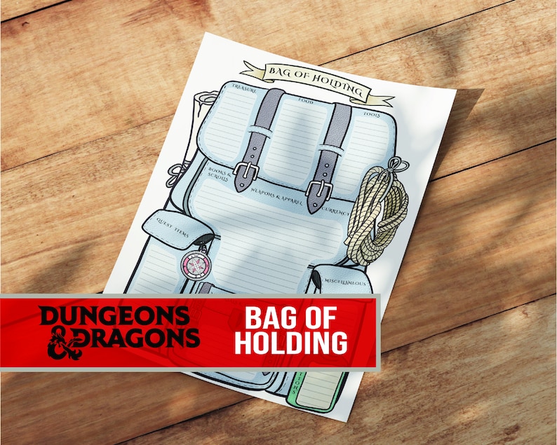 May include: An illustrated "Bag of Holding" from Dungeons & Dragons. The design shows a backpack with sections for items such as treasure, food, and weapons. A red banner at the bottom reads "Bag of Holding".