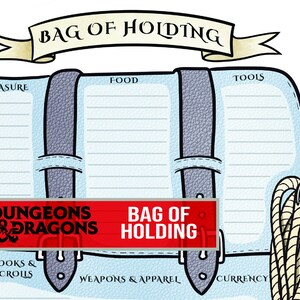 May include: An illustrated light blue bag with the text "Bag of Holding" and "Dungeons & Dragons". The bag features grey straps and is divided into sections labelled "Treasure", "Food", "Tools", "Books & Scrolls", "Weapons & Apparel", and "Currency". A rope is tied to the side.