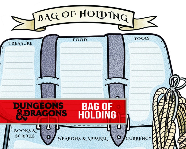 May include: An illustrated light blue bag with the text "Bag of Holding" and "Dungeons & Dragons". The bag features grey straps and is divided into sections labelled "Treasure", "Food", "Tools", "Books & Scrolls", "Weapons & Apparel", and "Currency". A rope is tied to the side.