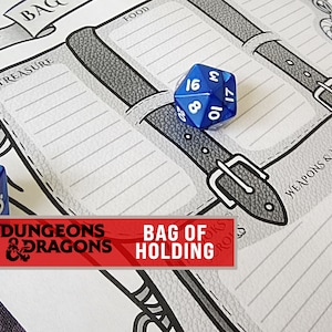 May include: A black and white illustration of a "Bag of Holding" with labeled sections for treasure, food, and weapons. A blue, multi-sided die rests on the bag. The text "Dungeons & Dragons" and "Bag of Holding" are displayed.