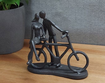 Couple with Bicycle, cast iron indoor figurine - mocha brown