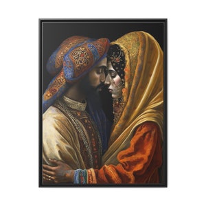 Mughal Embrace | Antique Canvas Depiction of Young Royal Couple | Antique Art | Wall Decor | Canvas Gallery Wraps Matte Canvas, Black Frame