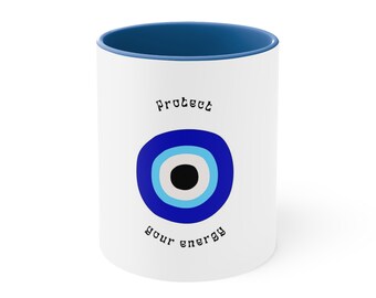 Skydda din energi | Kaffemugg med accentmotiv för onda ögat | Skydd mot onda ögat | Accentmugg för kaffe | Keramisk kaffemugg 340 ml