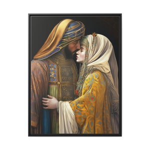 Mughal Embrace | Antique Canvas Depiction of Royal Couple | Antique Art | Wall Decor | Canvas Gallery Wraps Matte Canvas, Black Frame