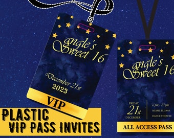 Starry Night Elegant Plastic VIP Pass. Blue and Gold Party Invitation Pass.